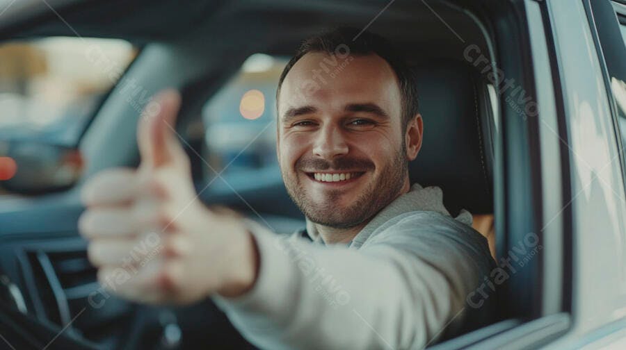 Homem caucasiano sorridente no carro fazendo sinal de positivo