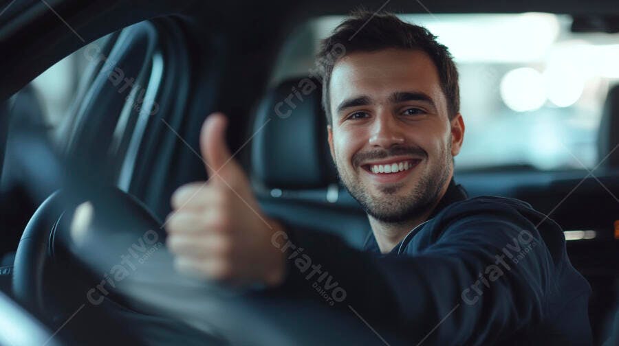 Homem caucasiano jovem feliz sorrindo no carro dando polegar para cima