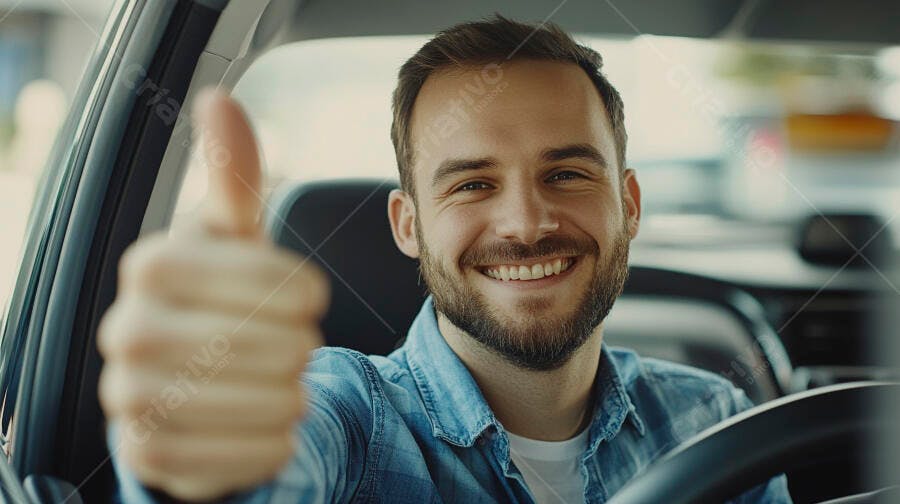 Jovem motorista caucasiano feliz de camisa jeans dando joinha no carro