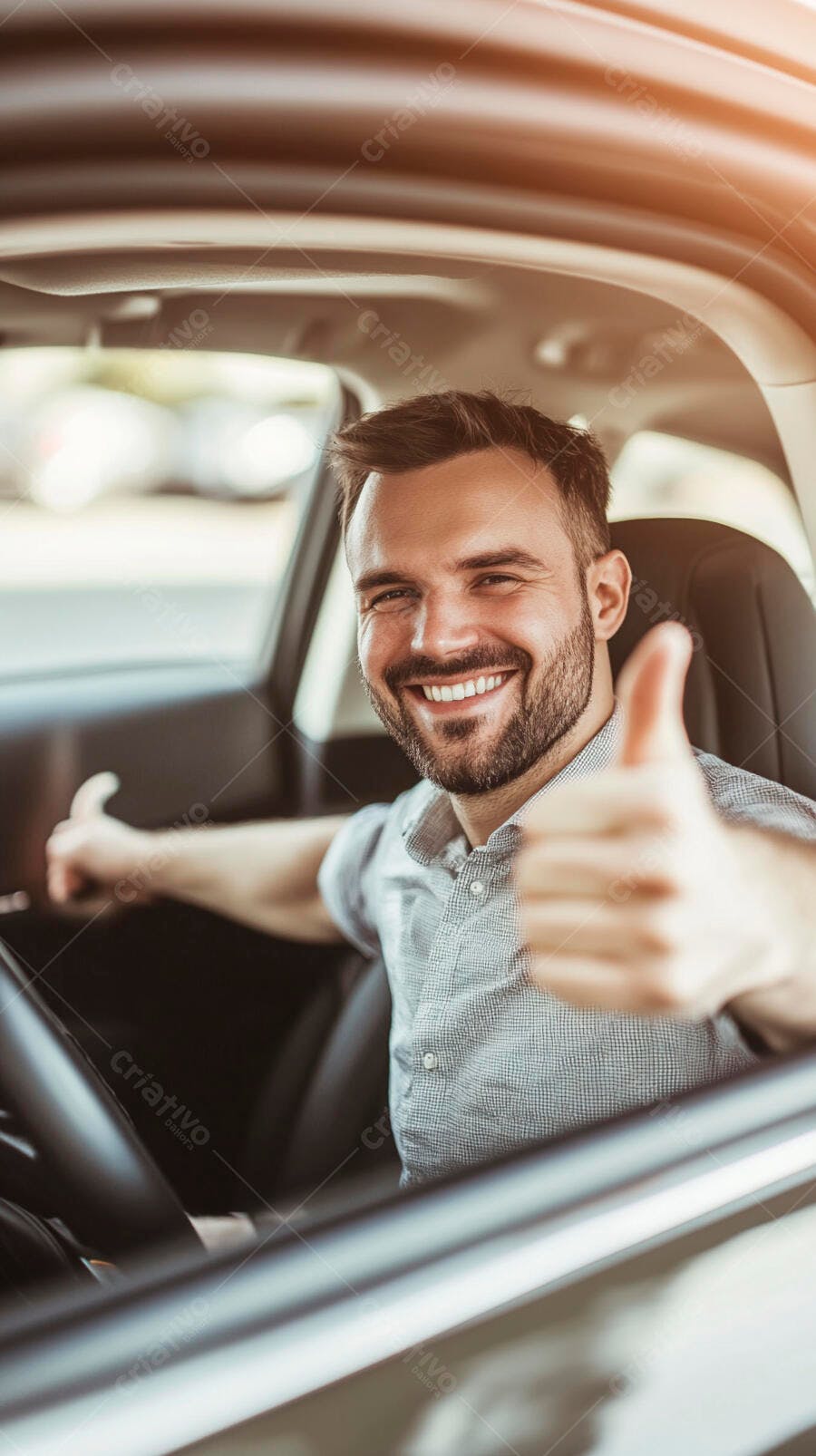 Homem feliz barbudo sorrindo em carro com polegar para cima