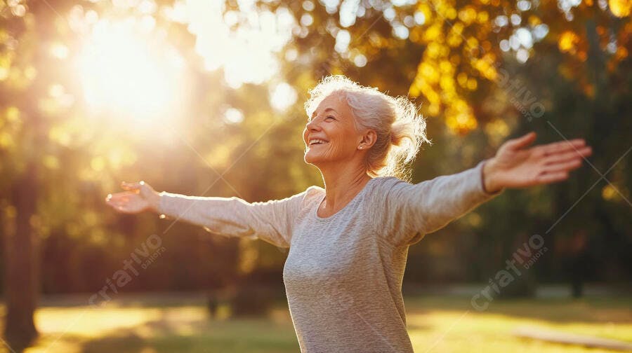 Mulher idosa feliz de braços abertos sob o sol dourado no parque
