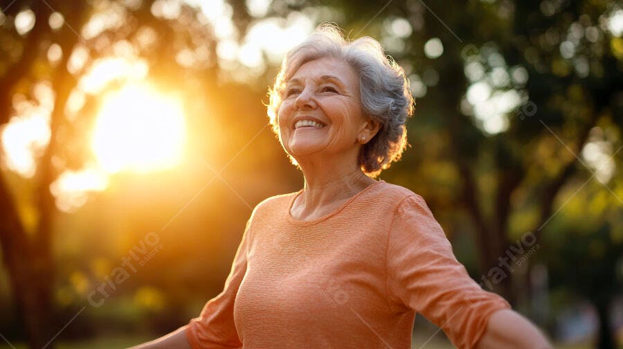 Mulher idosa feliz de cabelos grisalhos no parque ao sol dourado