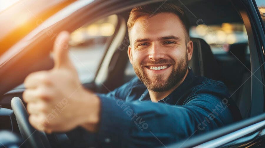 Homem barbudo sorrindo no carro dando polegar para cima com luz dourada