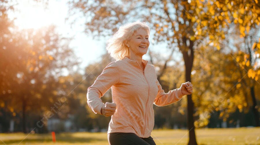 Mulher loira idosa feliz correndo no parque no outono sob o sol