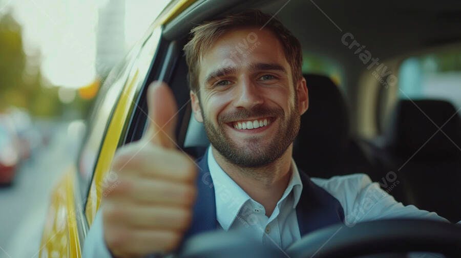 Homem de negócios sorridente no carro amarelo dando polegar para cima