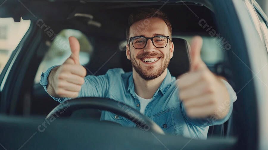 Homem caucasiano feliz de óculos camisa jeans azul dirigindo carro e fazendo positivo