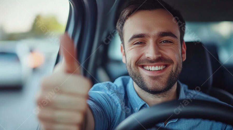 Homem feliz de camisa azul acenando com polegar para cima dentro do carro
