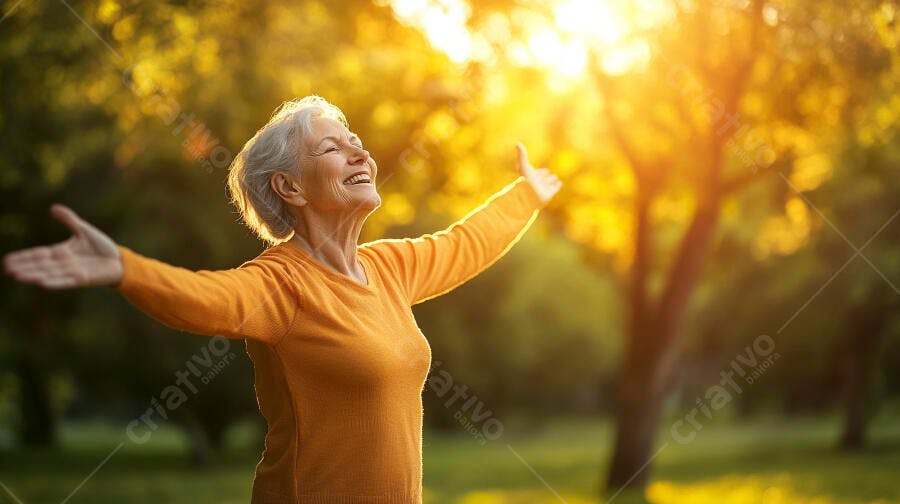 Idosa sorrindo com braços abertos ao pôr do sol em um parque verde