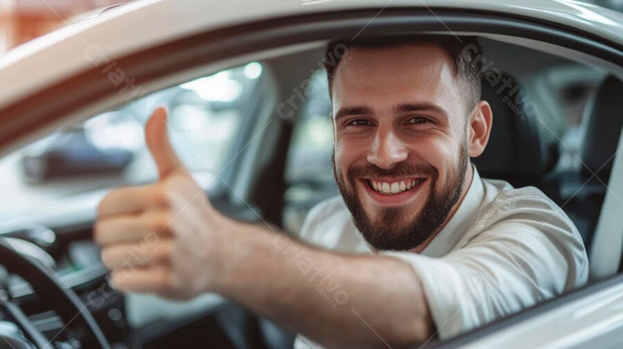 Homem branco feliz com barba sorrindo e polegar para cima dentro de carro novo