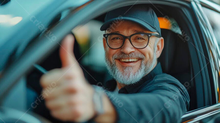Homem feliz de boné e óculos sorrindo no carro com polegar para cima