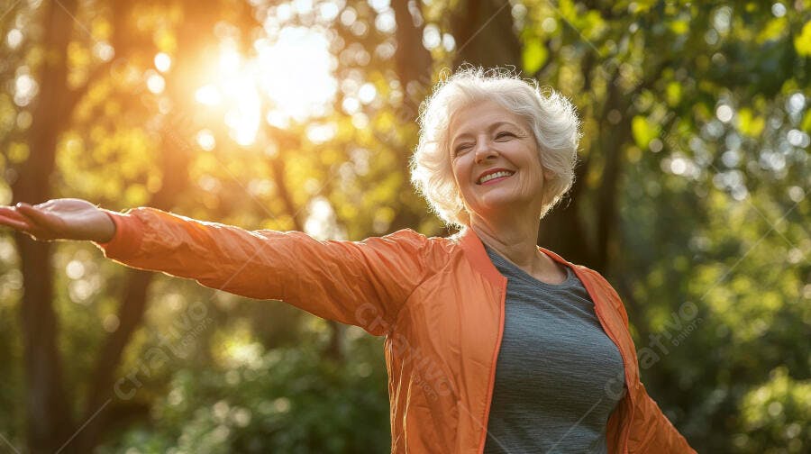 Mulher idosa sorrindo com jaqueta laranja e braços abertos em parque ao pôr do sol