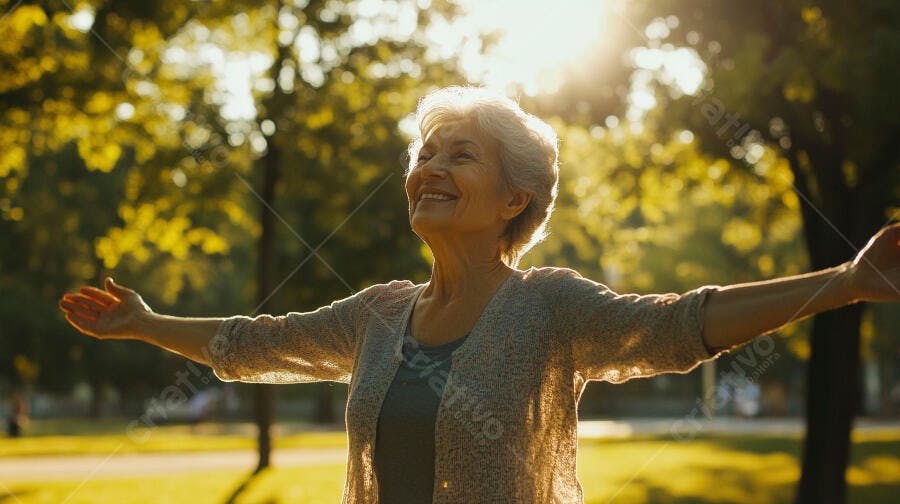 Senhora feliz com braços abertos e cabelos brancos no parque ensolarado