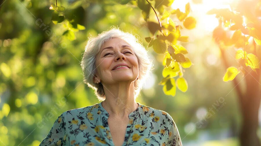 Mulher idosa feliz com cabelos grisalhos aproveitando a luz do sol no parque