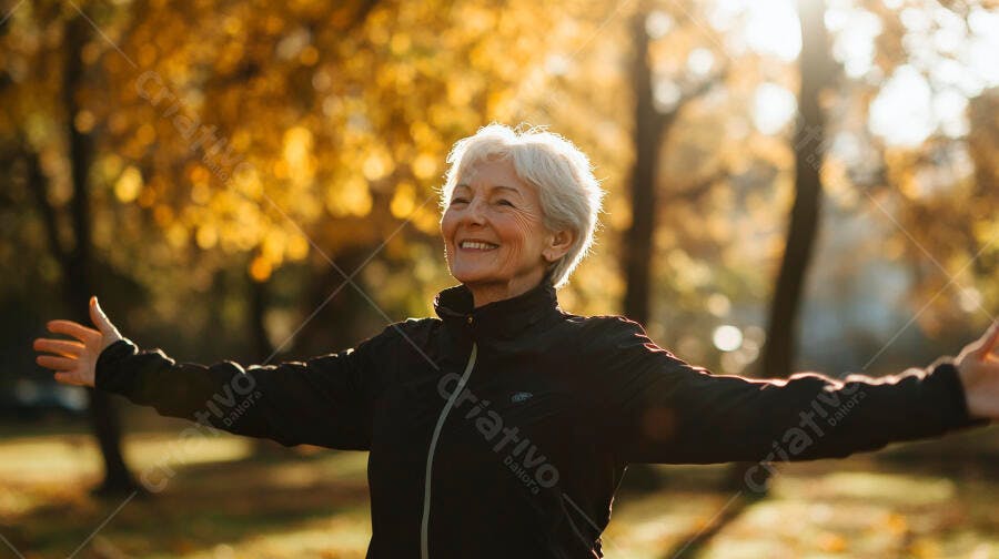 Mulher idosa feliz de cabelos brancos com braços abertos em parque outonal com sol dourado