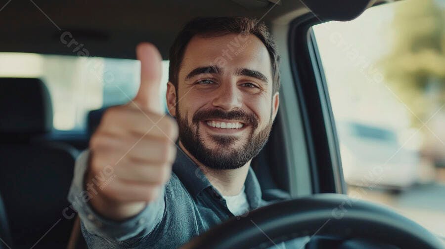 Homem barbudo feliz dirigindo carro e fazendo polegar para cima