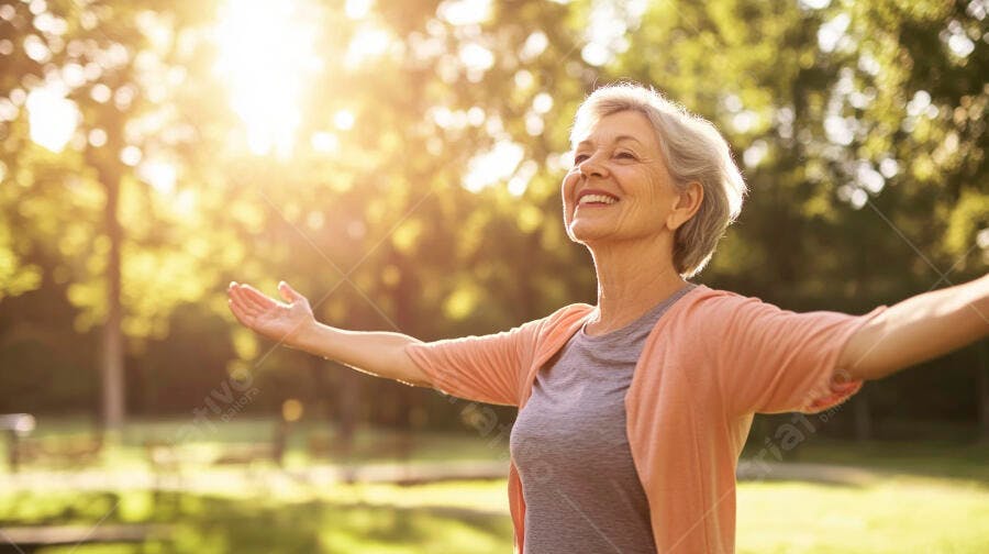 Mulher idosa feliz de braços abertos em parque ensolarado