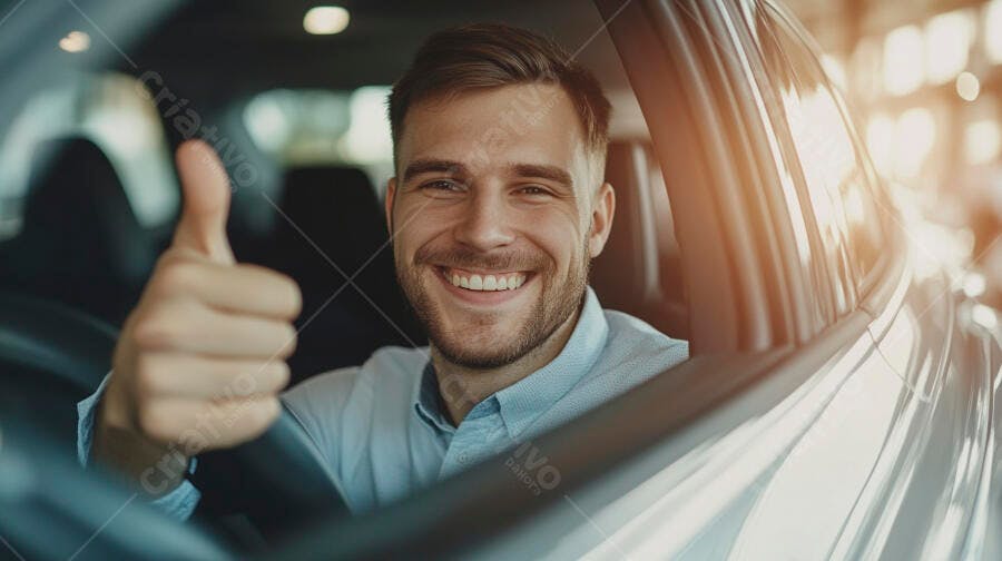 Homem jovem caucasiano sorrindo e fazendo um polegar para cima dentro de um carro novo