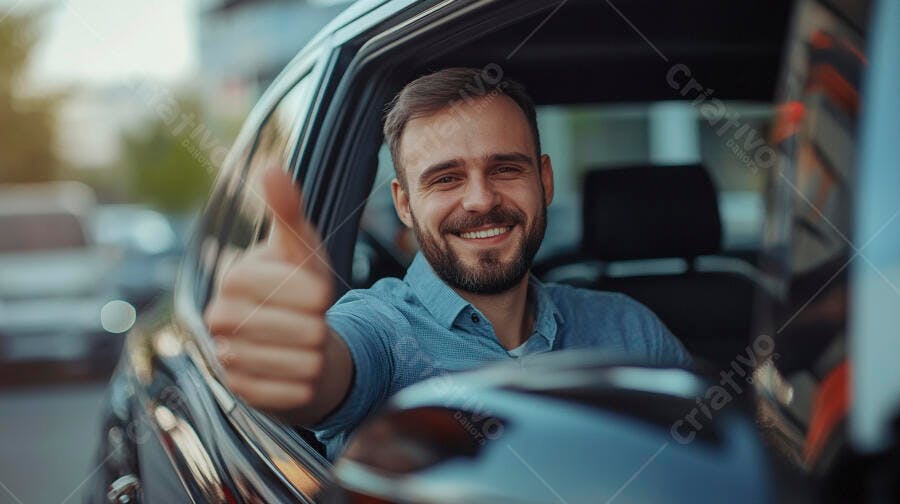 Homem caucasiano feliz camisa azul no carro fazendo sinal de positivo