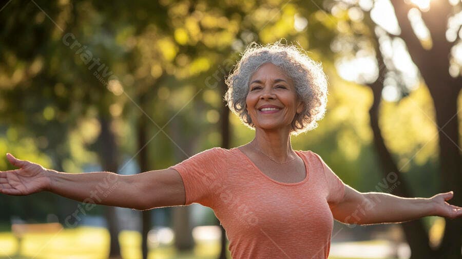Mulher madura afro-americana feliz com braços abertos em parque ensolarado