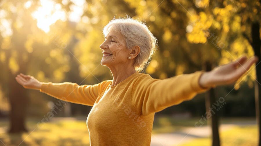 Mulher idosa sorrindo com braços abertos no parque sob sol dourado no outono