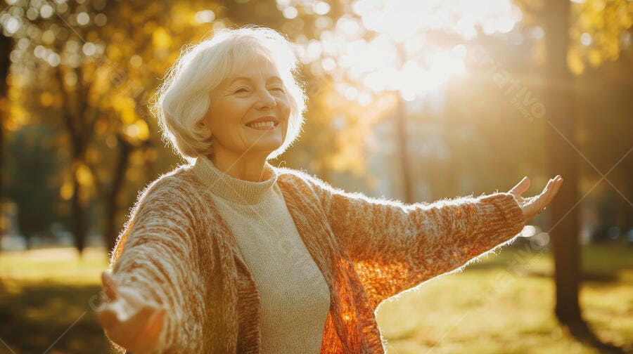 Mulher idosa feliz com cabelos brancos no parque sob luz do sol forte de outono