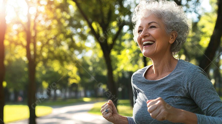 Mulher idosa feliz sorrindo no parque com cabelos grisalhos sob o sol