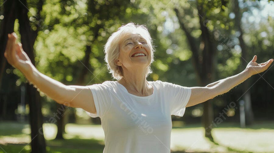 Mulher idosa feliz com braços abertos no parque sob o sol radiante