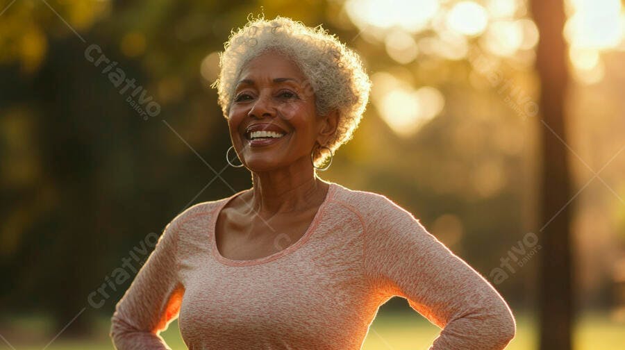 Mulher negra idosa sorrindo com cabelo grisalho em parque ao pôr do sol