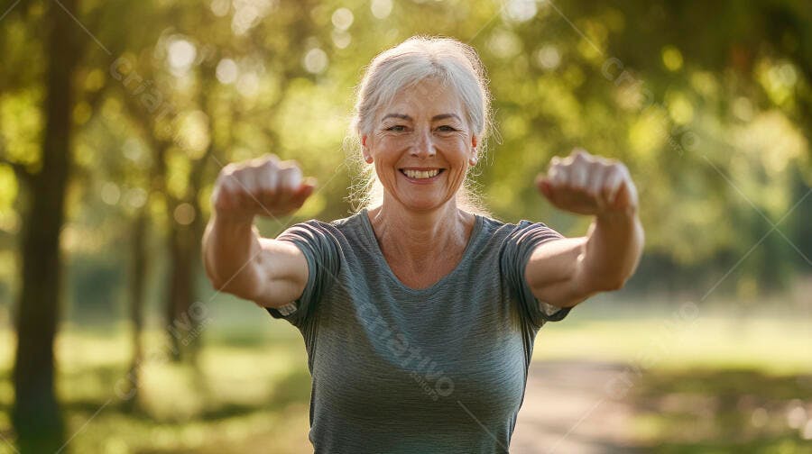 Mulher idosa caucasiana sorrindo feliz exercitando-se no parque ensolarado