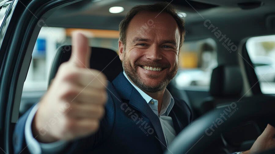 Homem caucasiano de terno azul sorrindo e dirigindo com polegar para cima