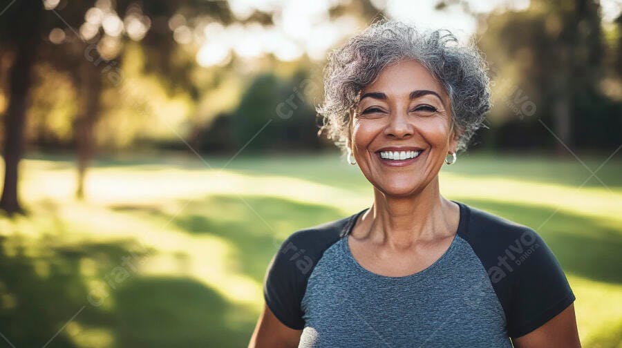 Mulher negra madura sorrindo feliz no parque ao entardecer com cabelos grisalhos