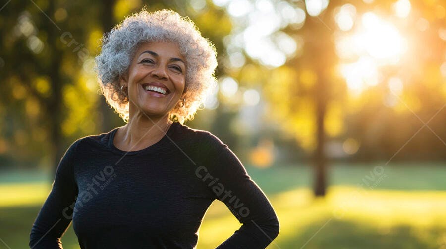 Mulher negra idosa feliz sorrindo no parque ao pôr do sol dourado