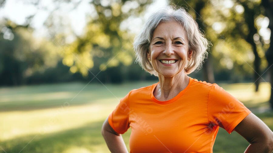 Mulher sênior caucasiana feliz com cabelo grisalho e camiseta laranja em parque