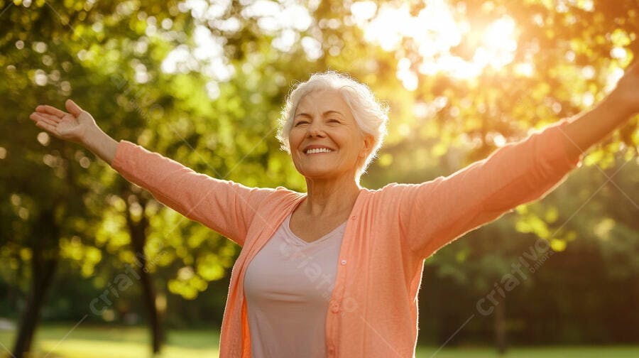 Mulher idosa feliz com braços abertos em parque ensolarado ao entardecer