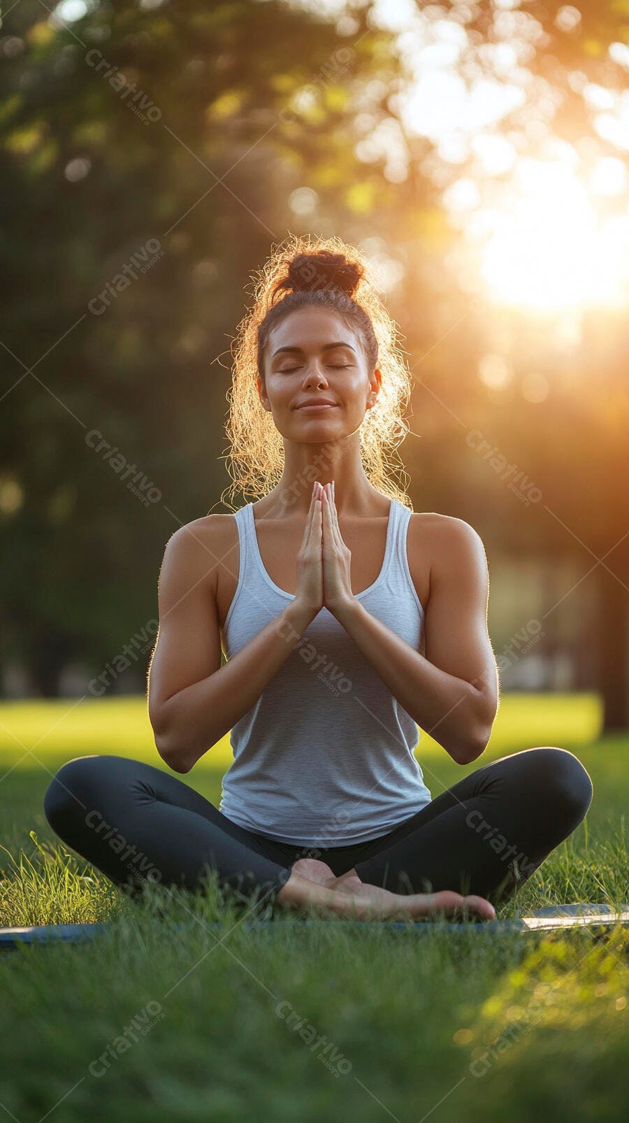 Mulher morena meditando pose de yoga no parque ao pôr do sol