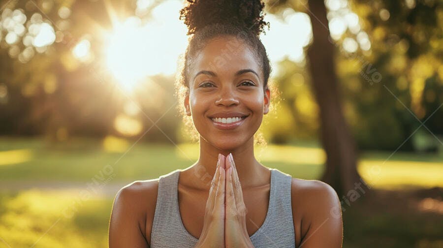 Mulher afro-americana sorrindo com mãos unidas no parque ao pôr do sol