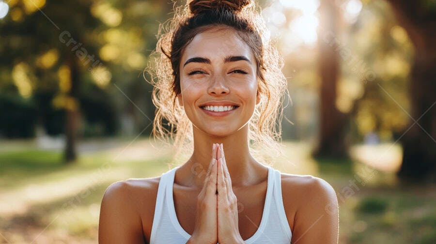 Mulher morena sorrindo com olhos fechados em pose de yoga no parque ao pôr do sol