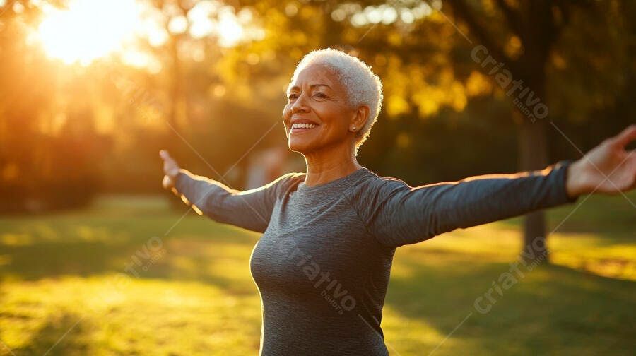 Mulher negra idosa sorrindo com braços abertos em parque ao pôr do sol