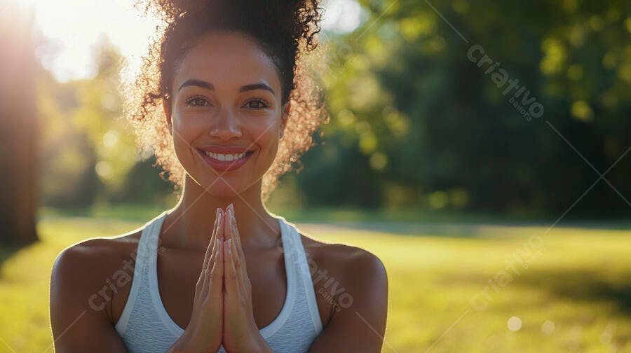 Mulher negra feliz cabelo cacheado mãos unidas yoga pose parque pôr do sol