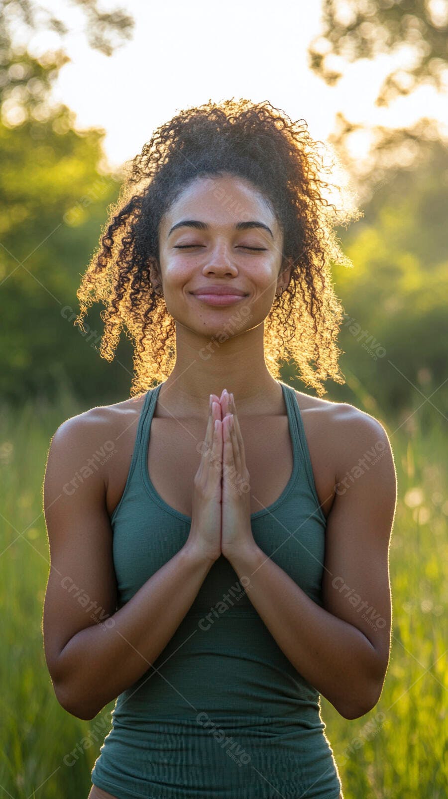 Mulher negra jovem em paz meditando no campo dourado ao pôr do sol