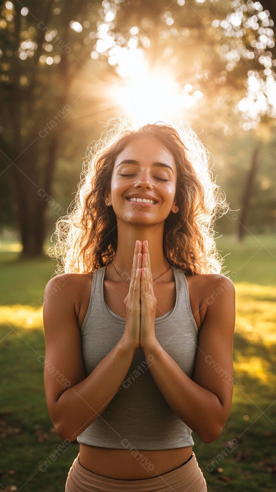 Mulher jovem de cabelo cacheado meditando no parque ao pôr do sol
