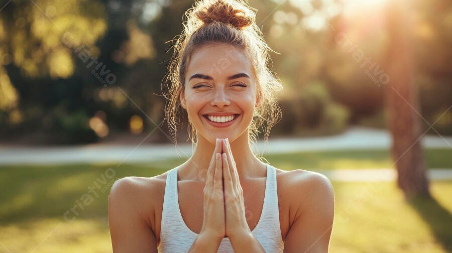Mulher caucasiana feliz sorrindo no parque com mãos em prece e luz dourada