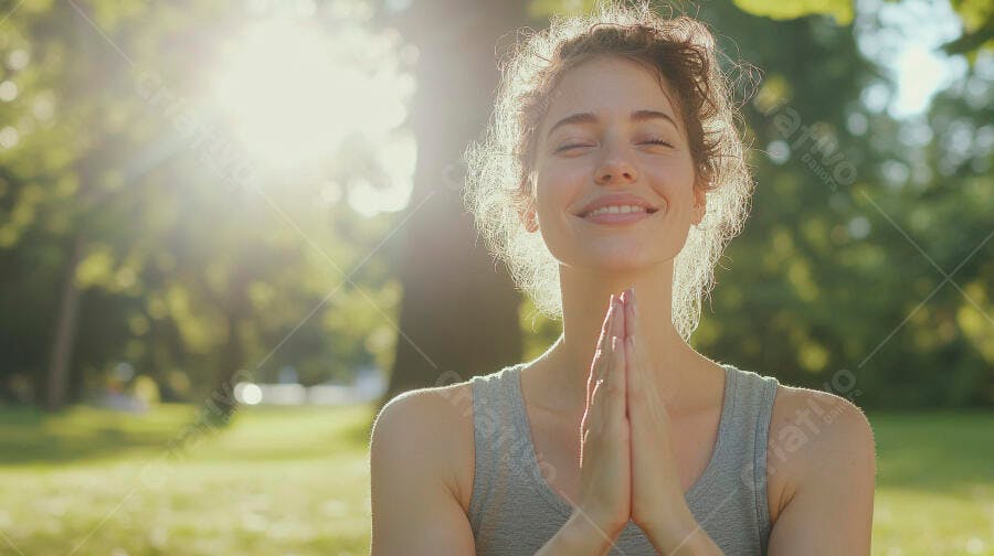 Mulher sorridente meditando em parque ensolarado com mãos juntas