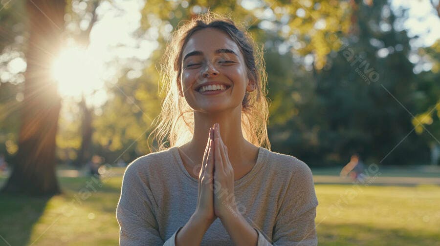 Mulher caucasiana jovem sorrindo com olhos fechados meditando no parque luz dourada