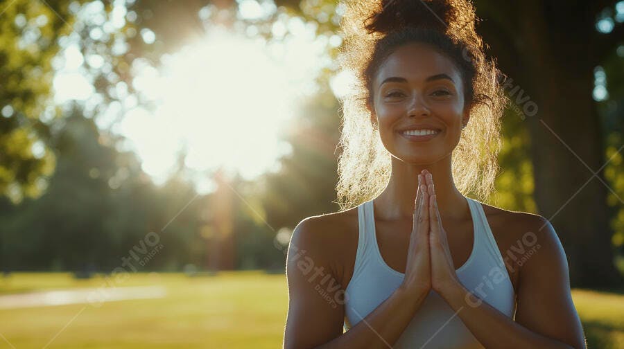 Mulher jovem mestiça sorrindo com mãos em Namaste no parque luz dourada