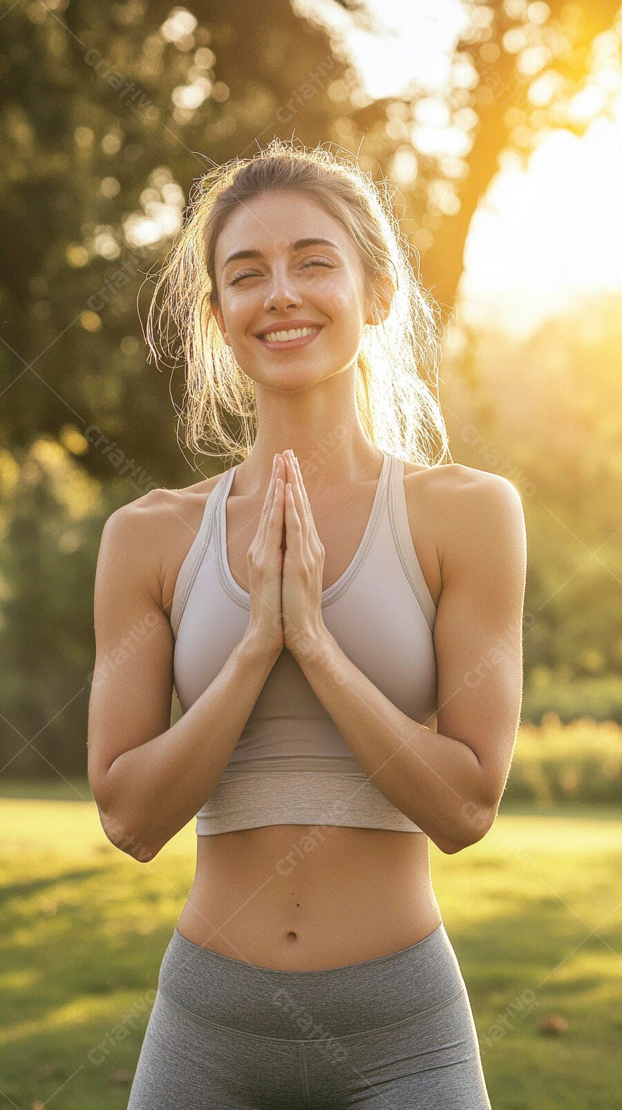 Mulher loira sorrindo em pose de yoga no parque ao pôr do sol