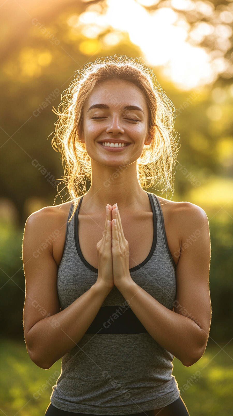 Mulher jovem caucasiana sorrindo meditando ao ar livre com luz dourada do pôr do sol
