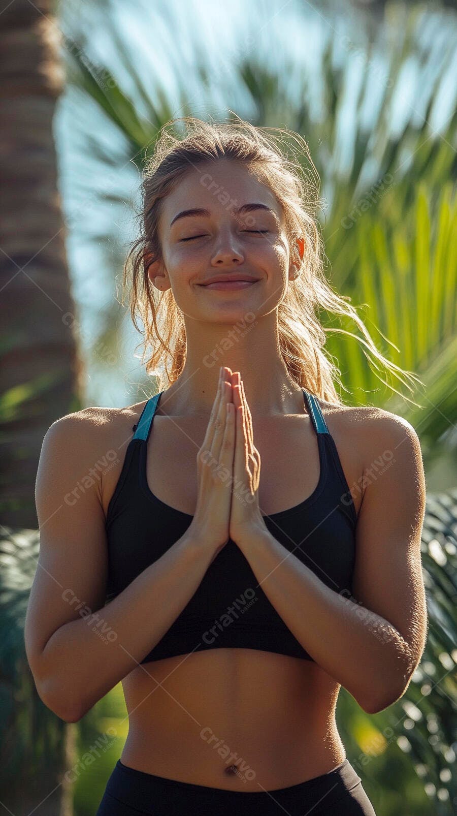 Mulher jovem loira meditando ao ar livre com sorriso sereno sob o sol