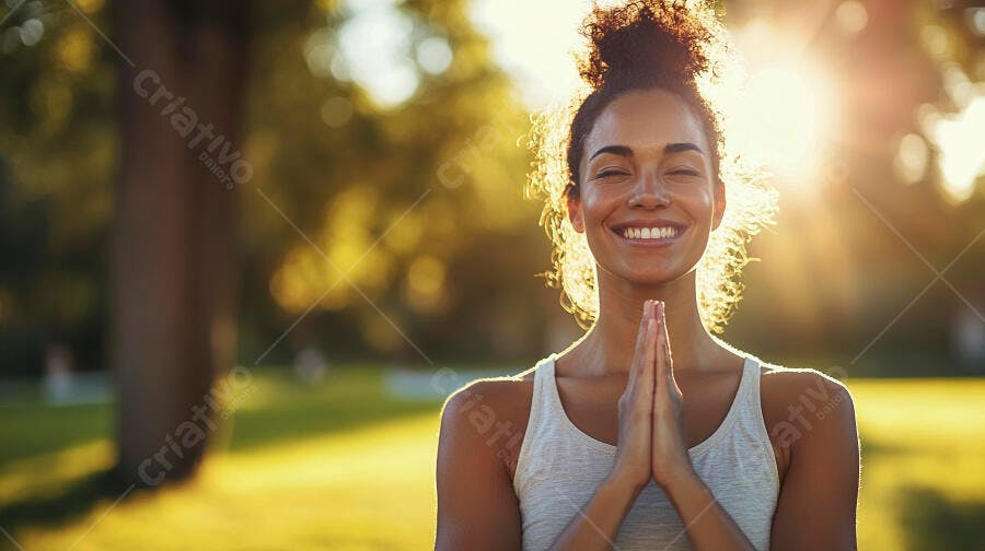 Mulher negra sorrindo meditando no parque ao pôr do sol dourado