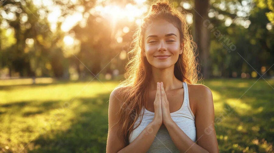 Mulher caucasiana jovem meditando no parque ao pôr do sol dourado
